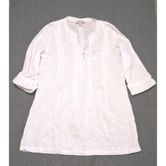 Saint Tropez West Tops - Saint Tropez West M White Linen Tunic Top Floral Embroidery Pintuck Tab Sleeve